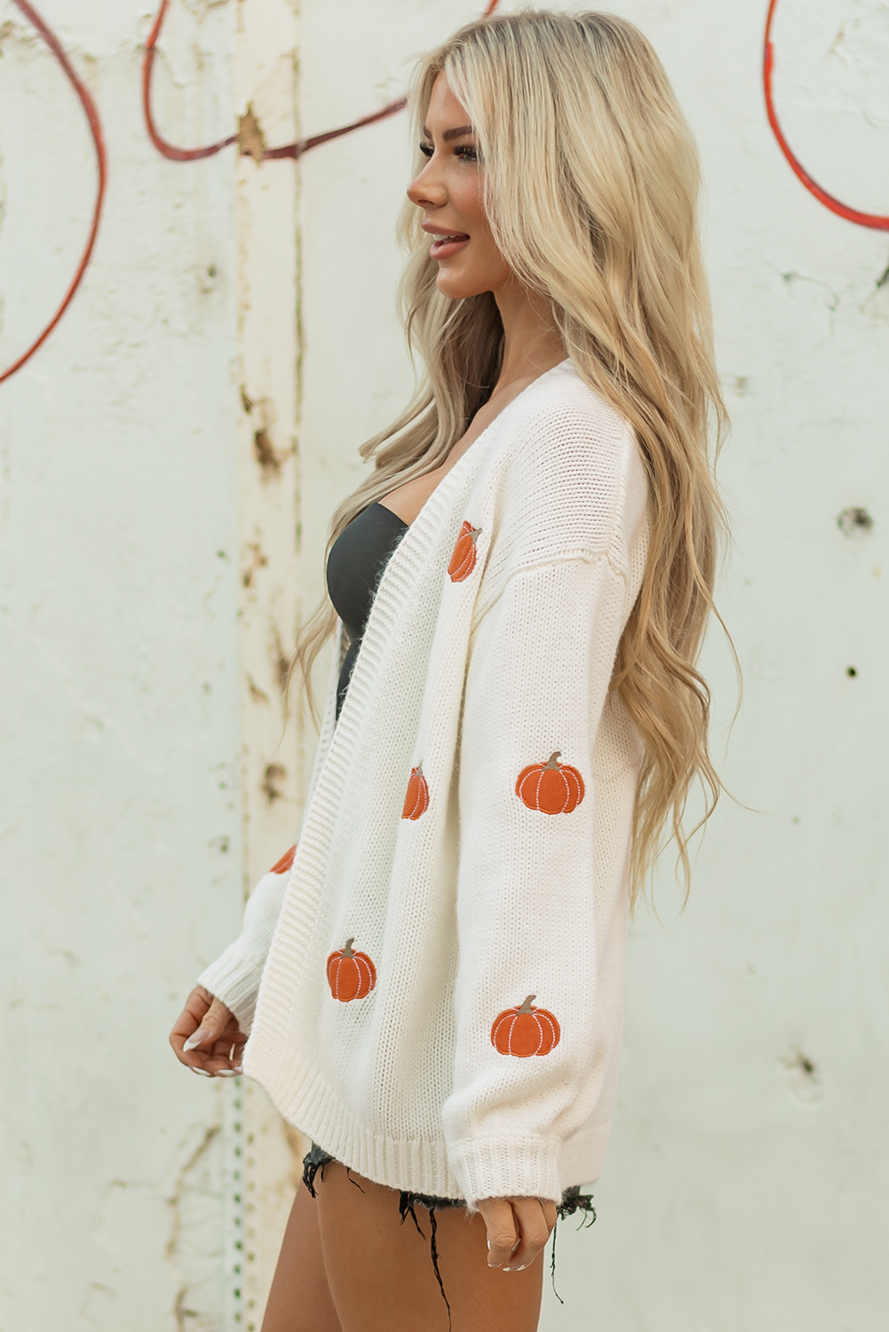 White Pumpkin Print Open Front Drop Shoulder Midi Cardigan view 3