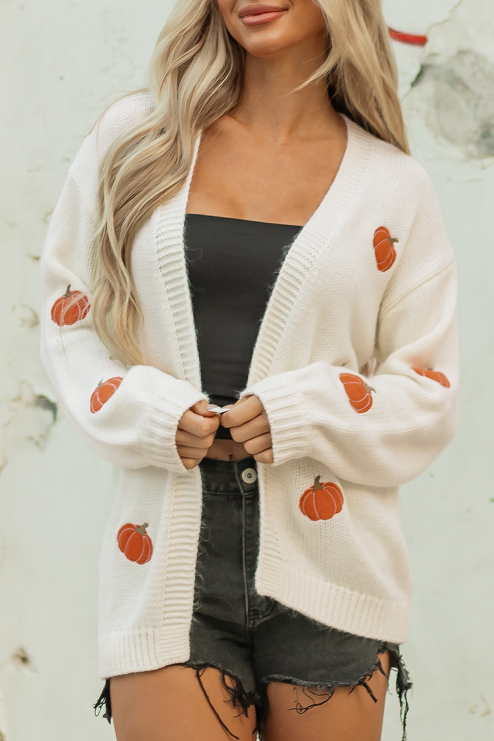 White Pumpkin Print Open Front Drop Shoulder Midi Cardigan view 7
