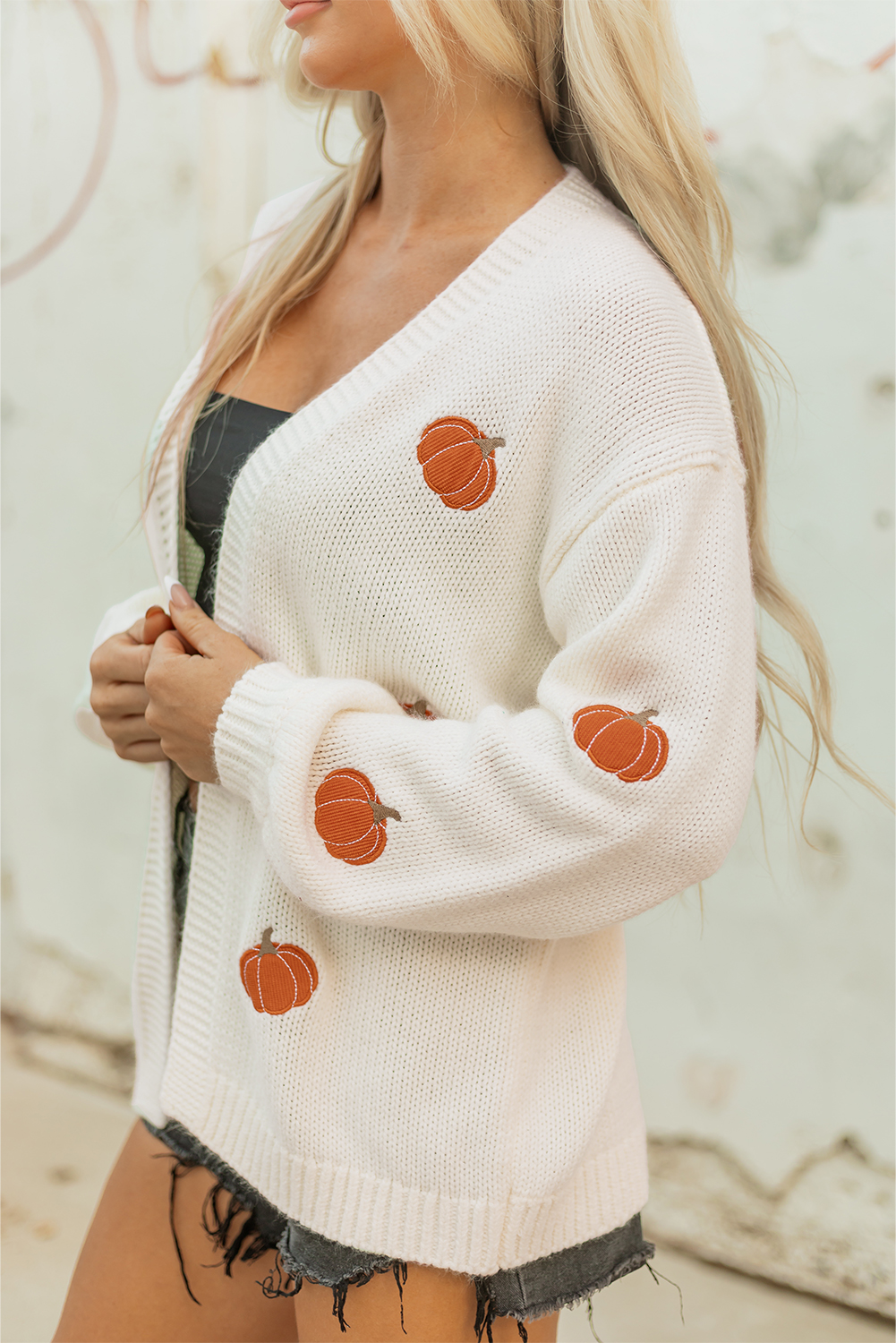White Pumpkin Print Open Front Drop Shoulder Midi Cardigan view 6