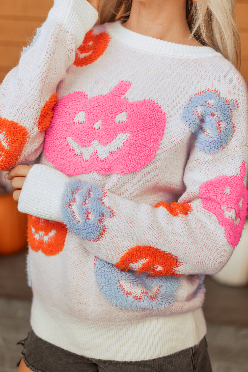 Beige Halloween Cute Pumpkin Pattern Sweater view 8