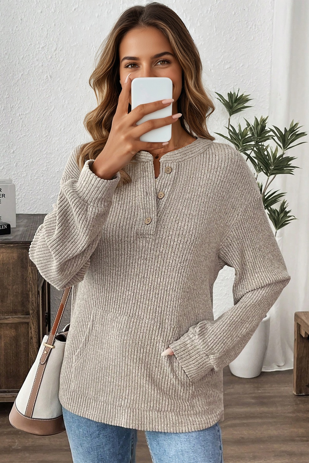 Simply Taupe Ribbed Texture Drop Shoulder Henley Knit Top view 2