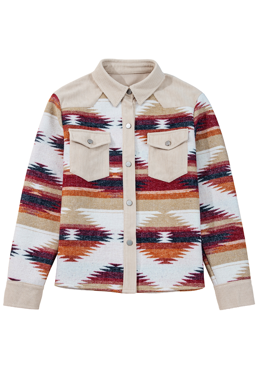 Multicolour Western Aztec Ribbed Patchwork Double Flap Pocket Raw Hem Shacket view 22