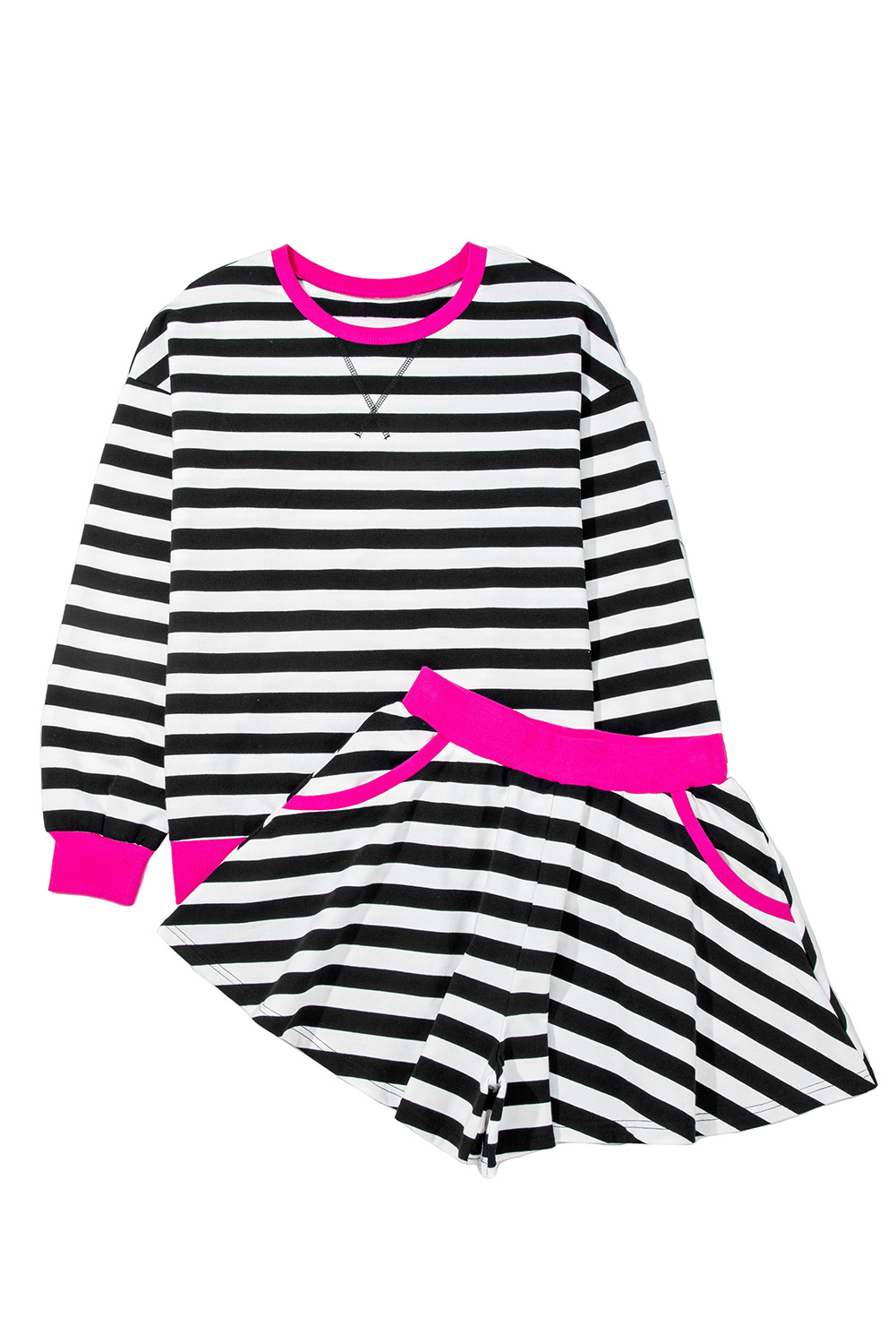 Black Stripe Contrast Ribbed Banding Long Sleeve Blouse Loose Shorts Set view 20
