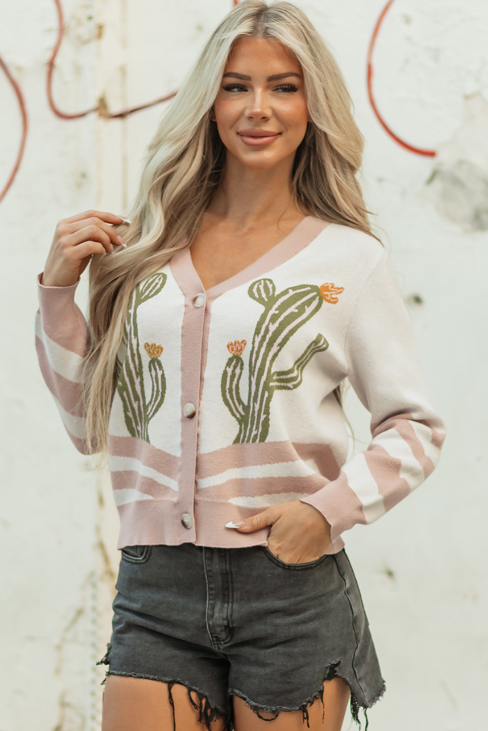 Apricot Desert Cactus Buttoned Front Sweater Cardigan view 5