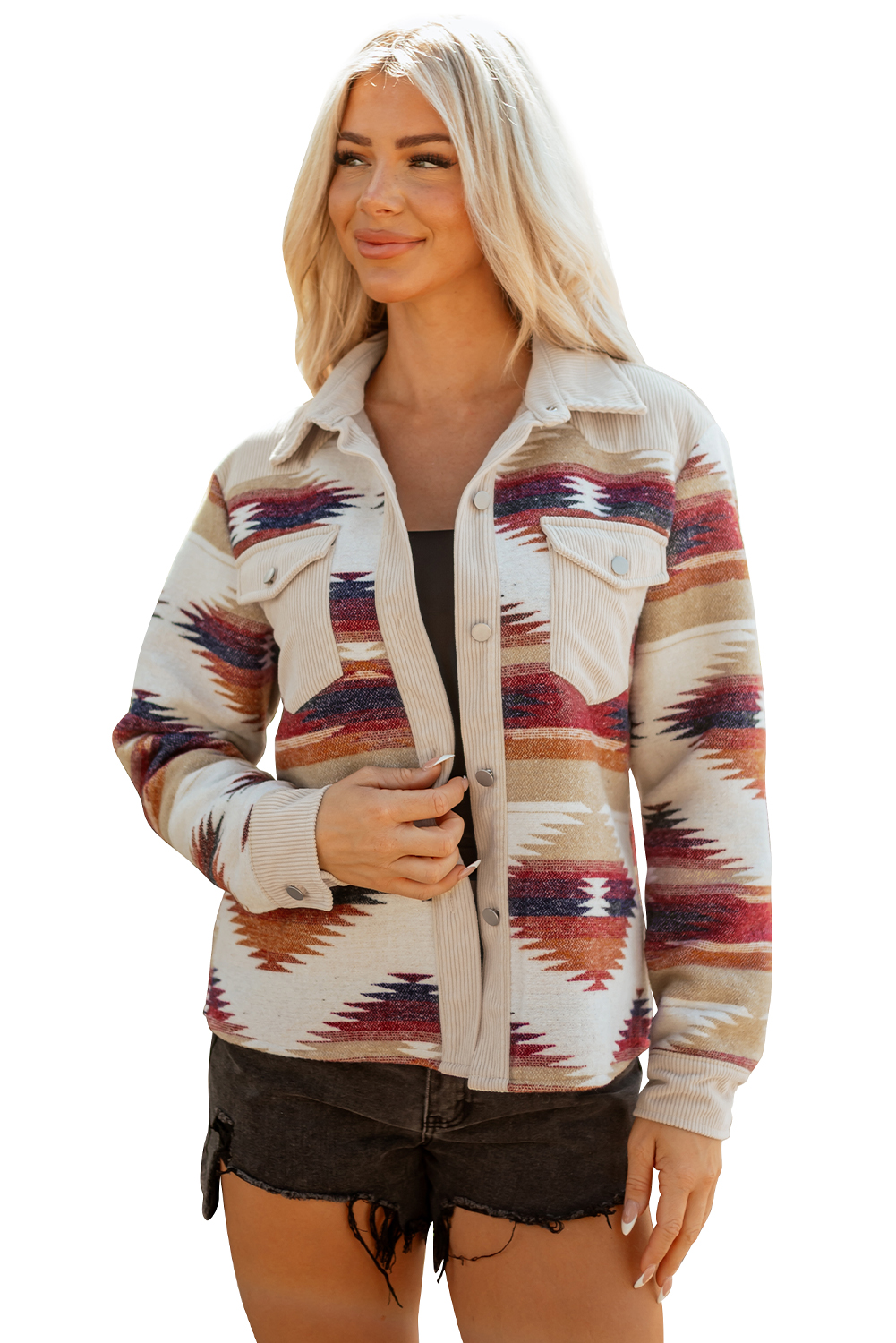 Multicolour Western Aztec Ribbed Patchwork Double Flap Pocket Raw Hem Shacket view 21