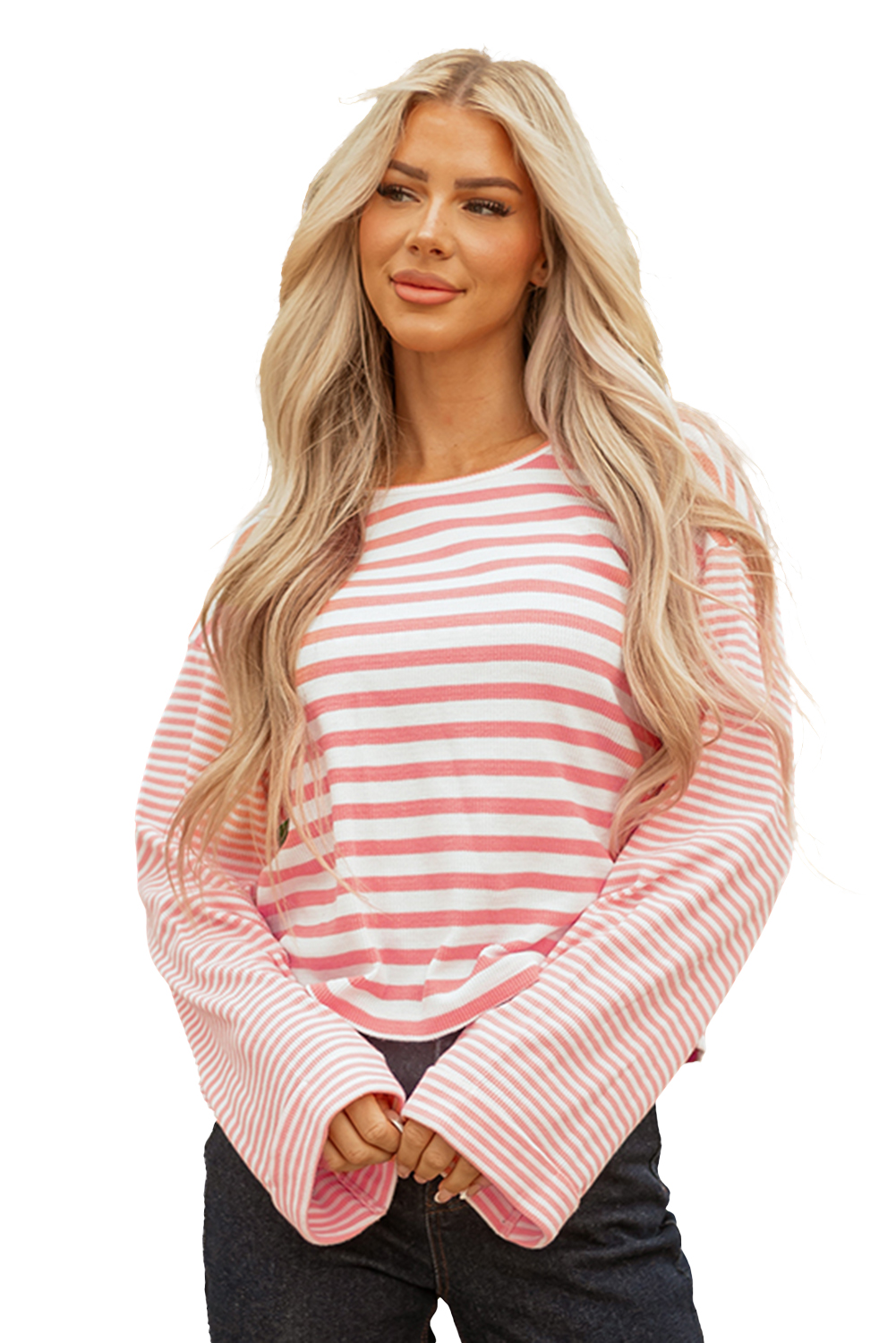 Pink Stripe Textured Contrast Dropped Long Sleeve Top view 21