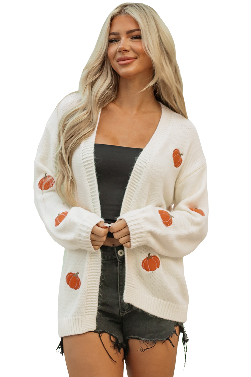 White Pumpkin Print Open Front Drop Shoulder Midi Cardigan view 21