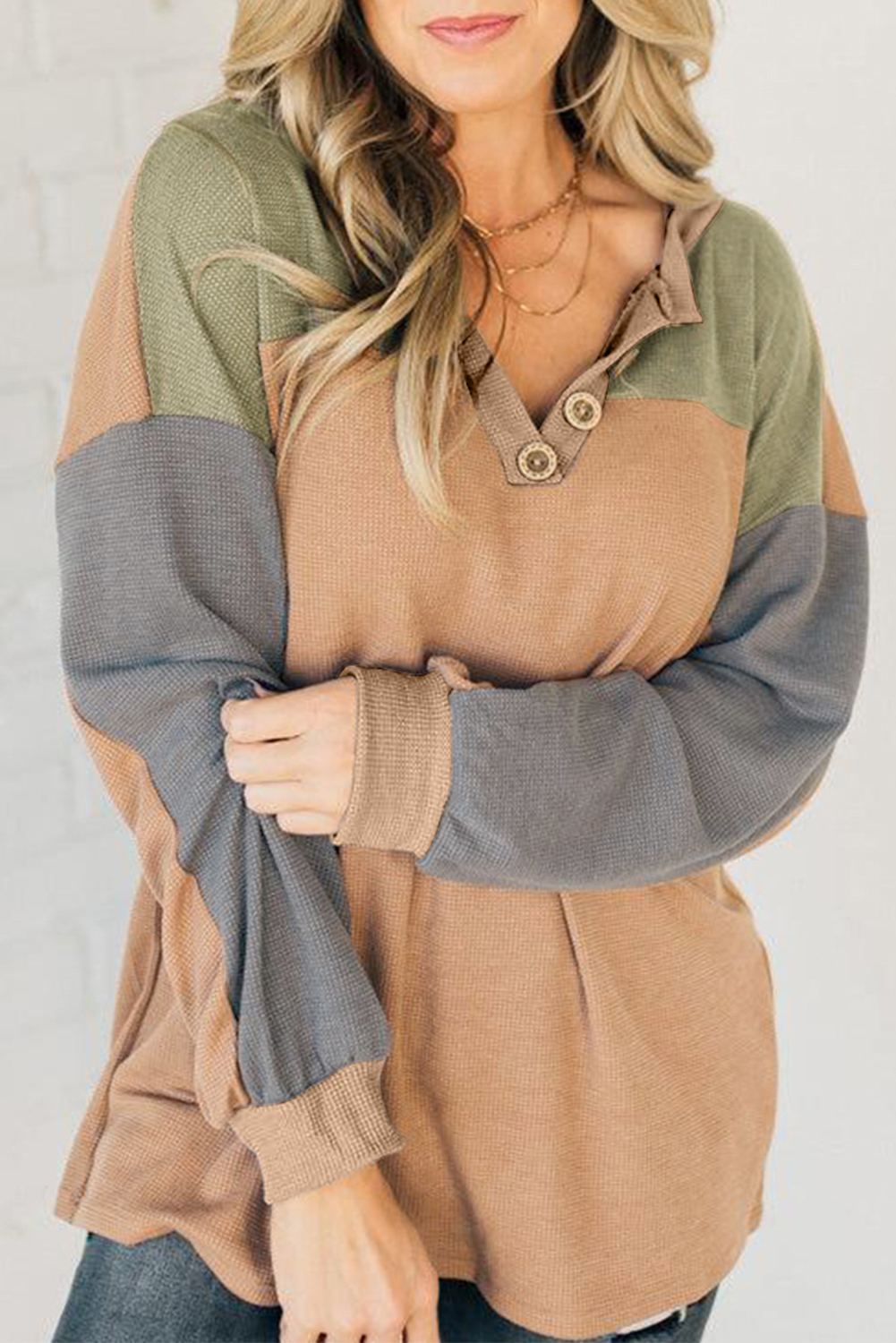 Buckskin Color Block Thermal Textured Knit Drop Shoulder Henley Top view 9