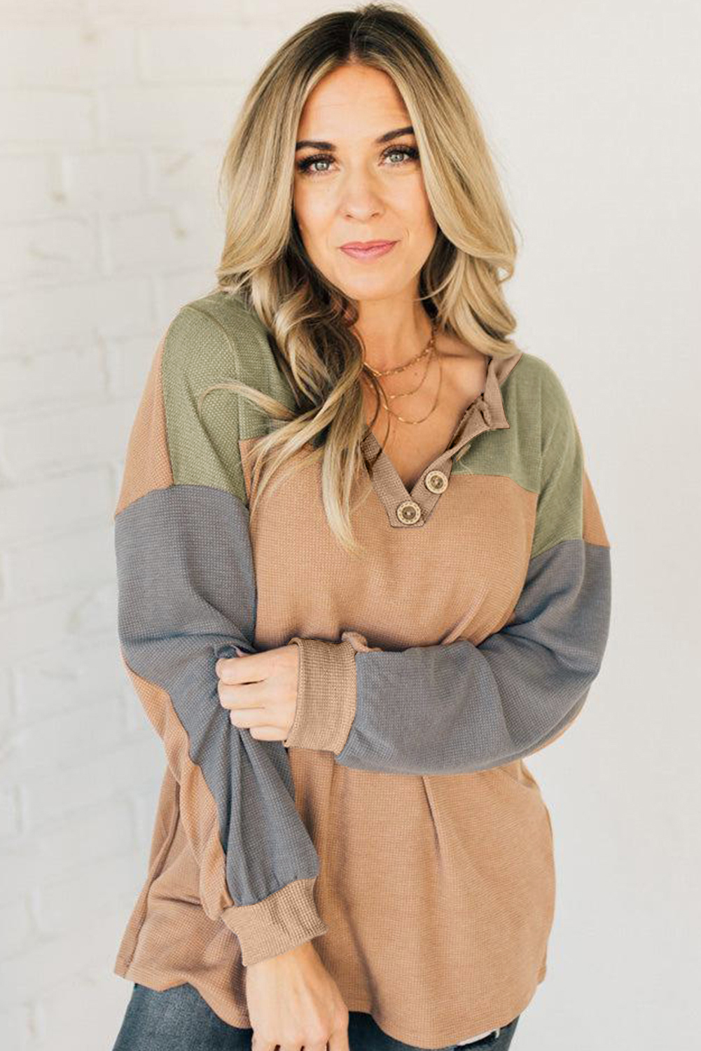 Buckskin Color Block Thermal Textured Knit Drop Shoulder Henley Top view 13