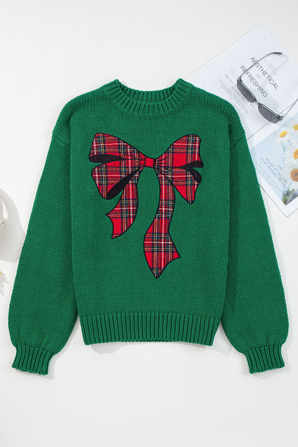 Evergreen Plaid Bow Graphic Christmas Sweater view 16