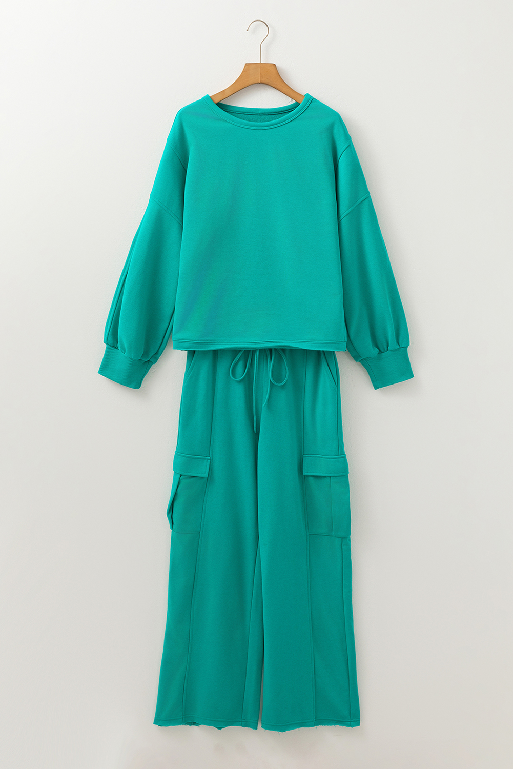 Solid Color Pullover Top and Cargo Pants Set view 6