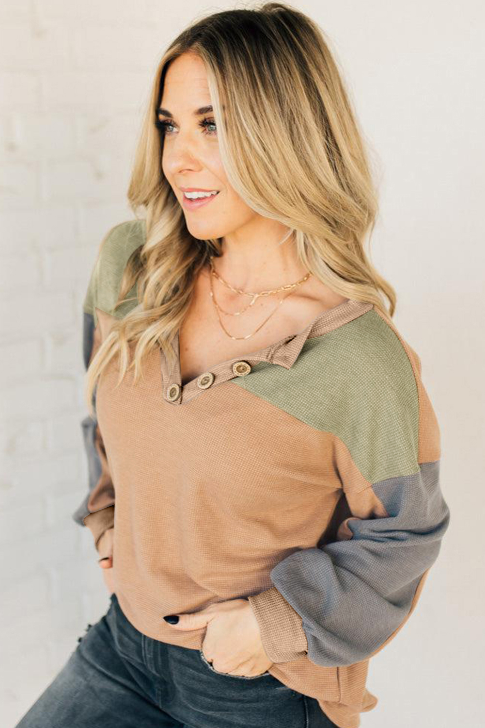 Buckskin Color Block Thermal Textured Knit Drop Shoulder Henley Top view 11