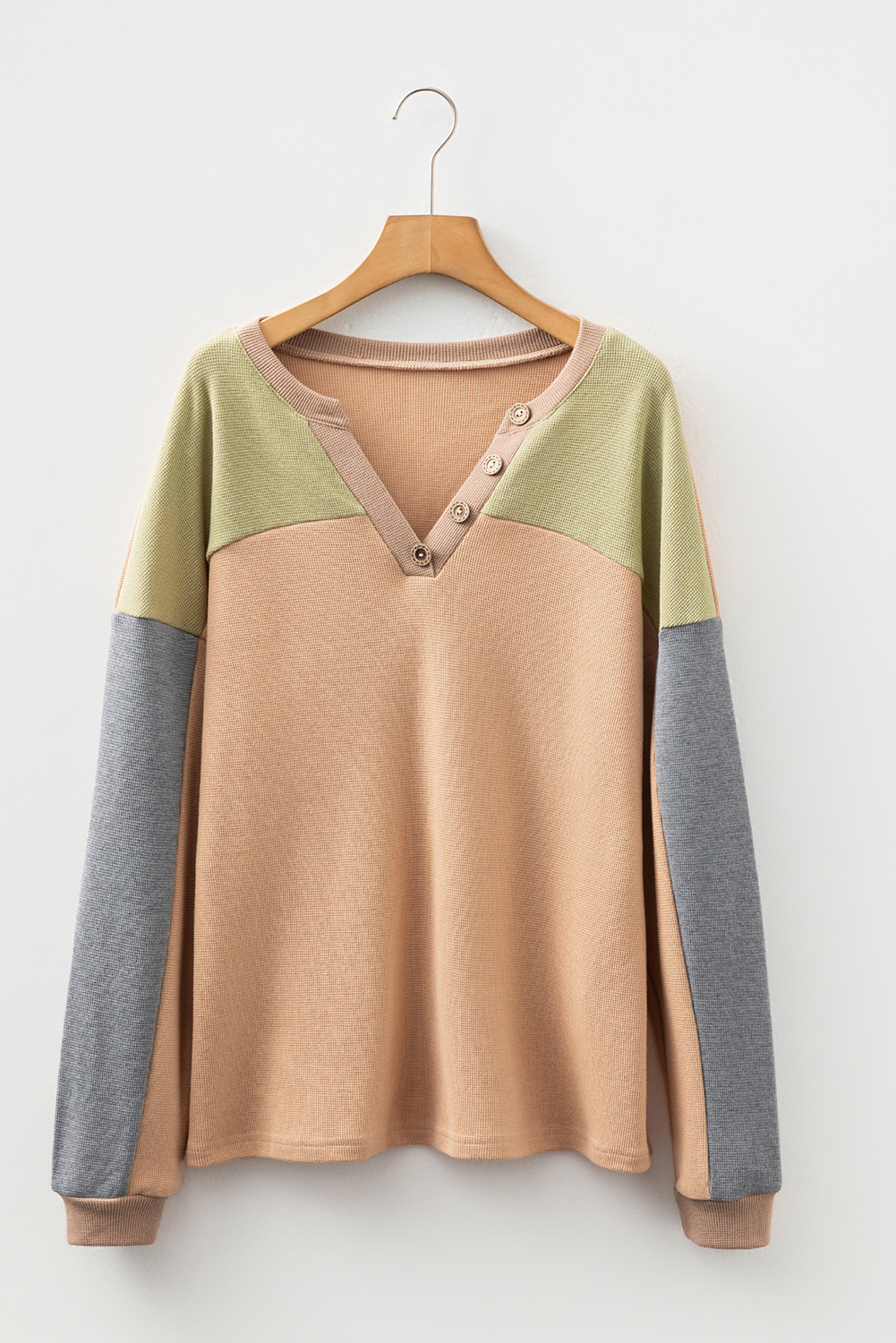 Buckskin Color Block Thermal Textured Knit Drop Shoulder Henley Top view 14