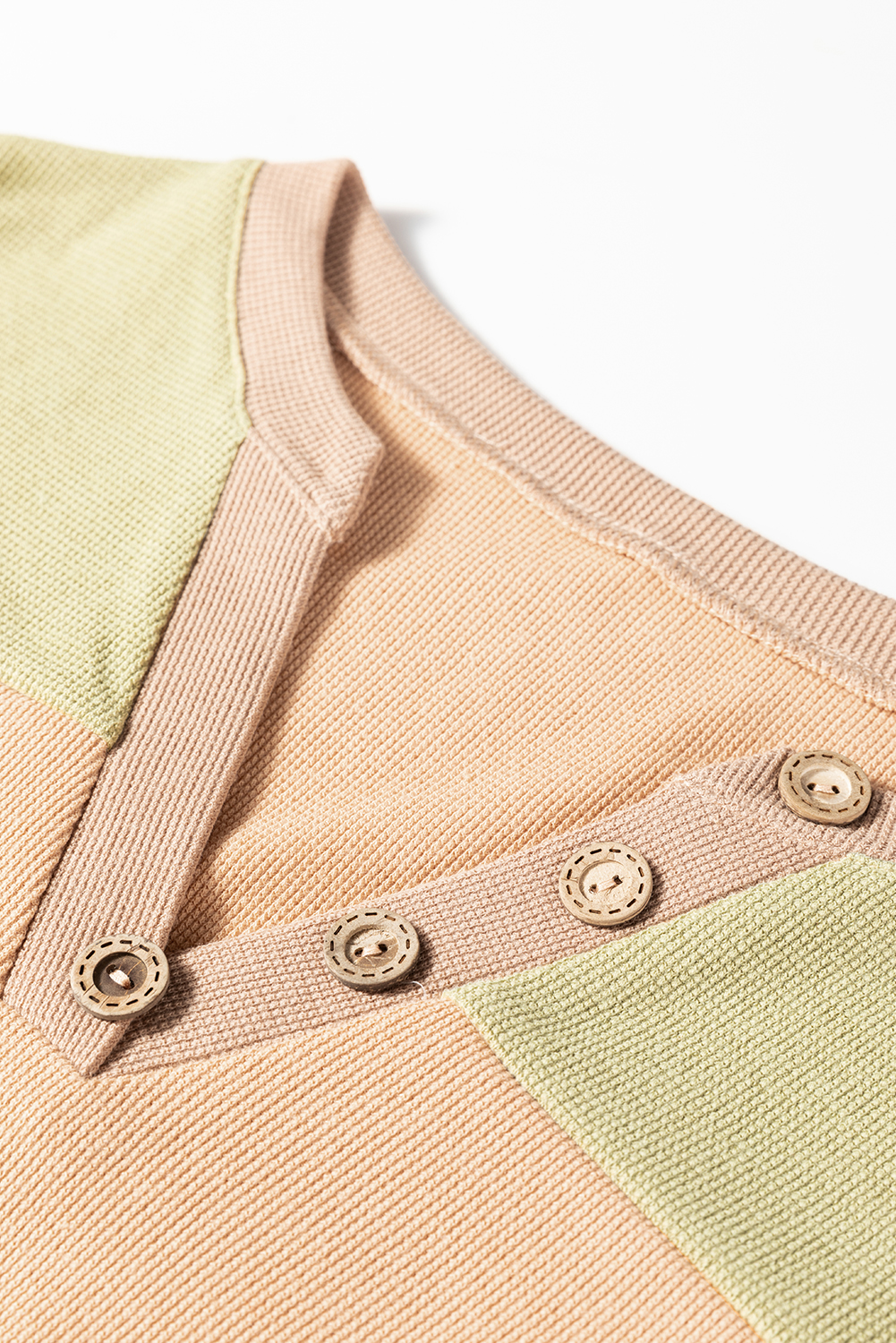 Buckskin Color Block Thermal Textured Knit Drop Shoulder Henley Top view 16