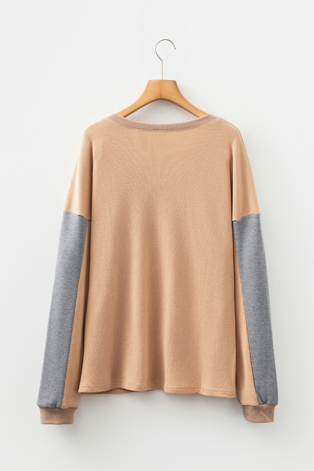 Buckskin Color Block Thermal Textured Knit Drop Shoulder Henley Top view 15