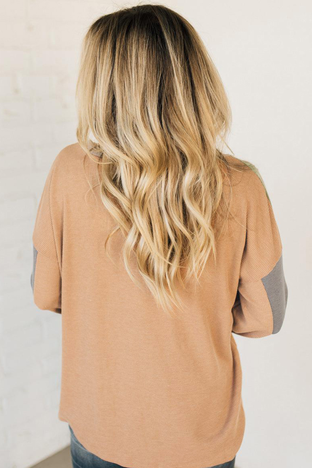 Buckskin Color Block Thermal Textured Knit Drop Shoulder Henley Top view 10