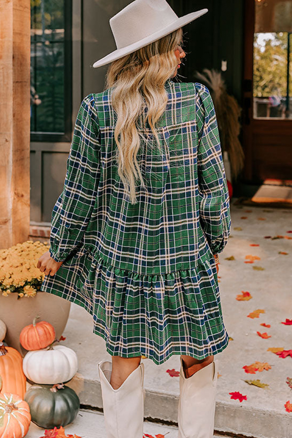 Green Plaid Print Frilly Collar Long Sleeve Shift Mini Dress view 11