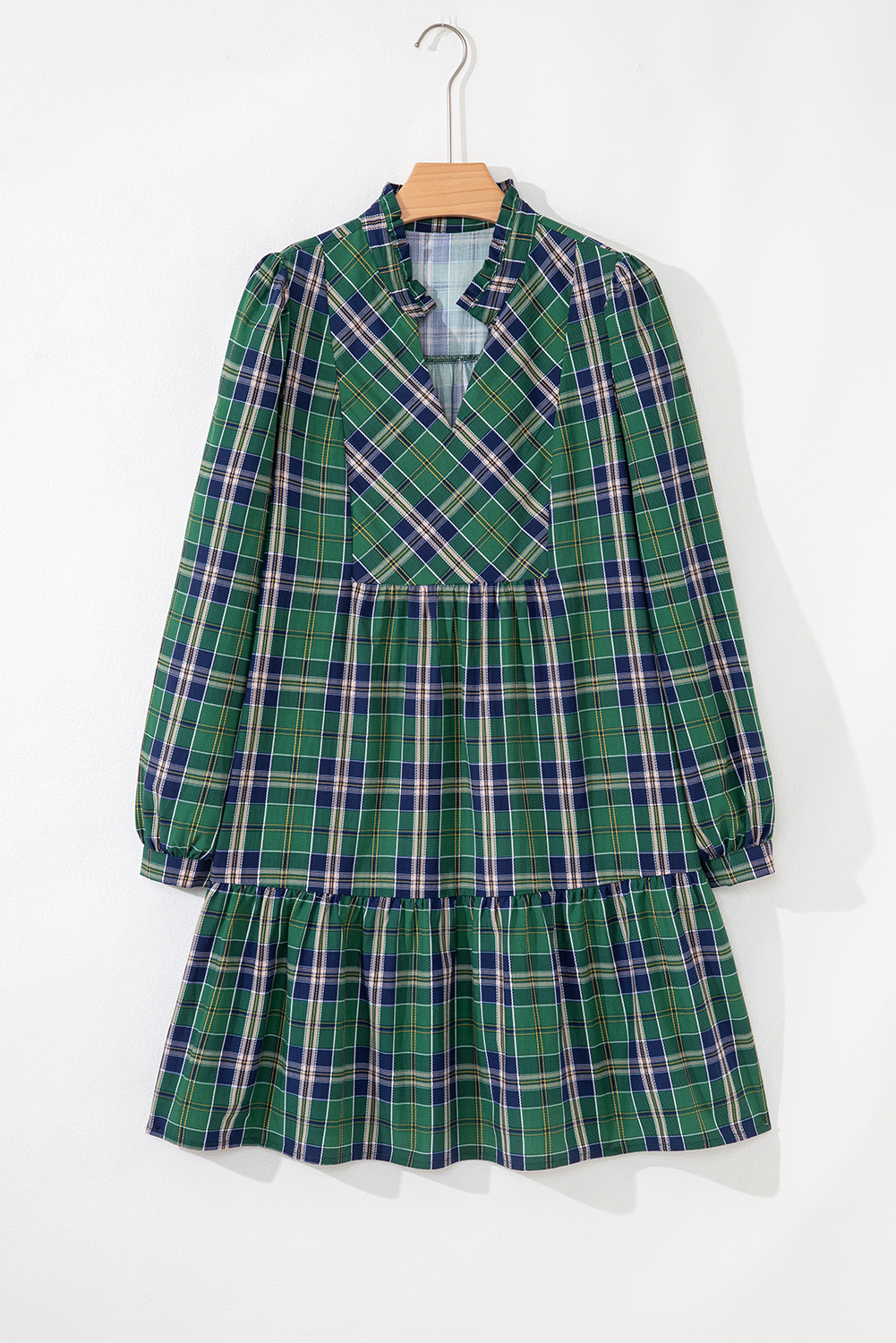 Green Plaid Print Frilly Collar Long Sleeve Shift Mini Dress view 13