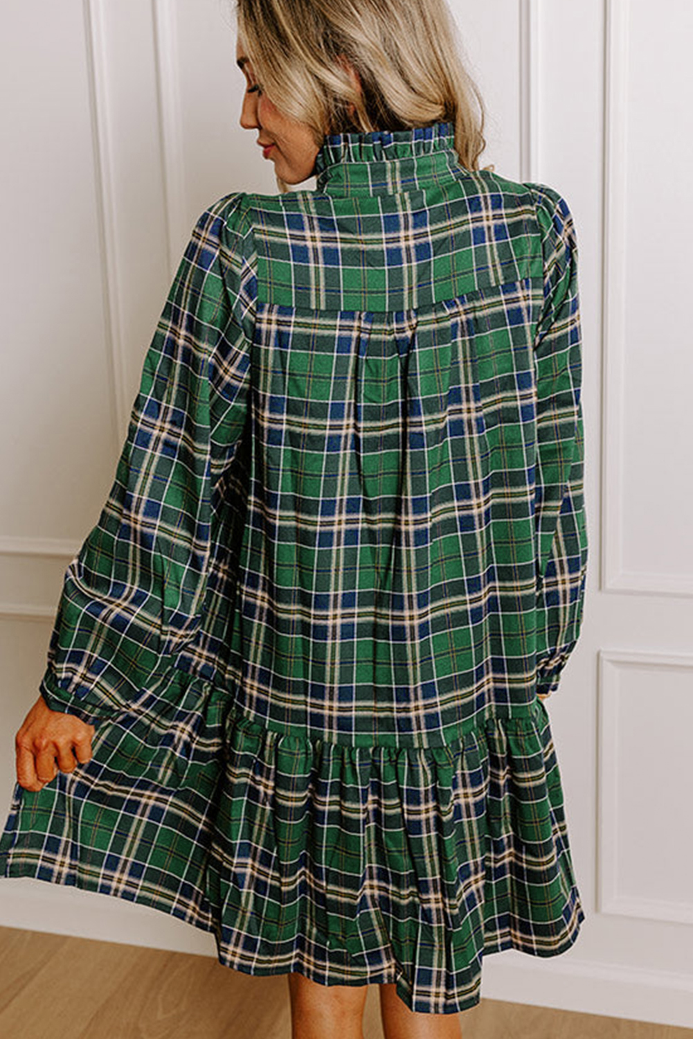 Green Plaid Print Frilly Collar Long Sleeve Shift Mini Dress view 9