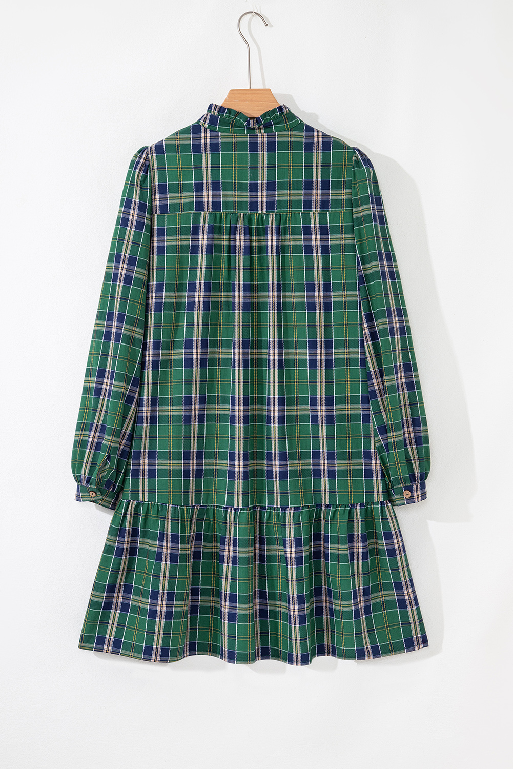 Green Plaid Print Frilly Collar Long Sleeve Shift Mini Dress view 14