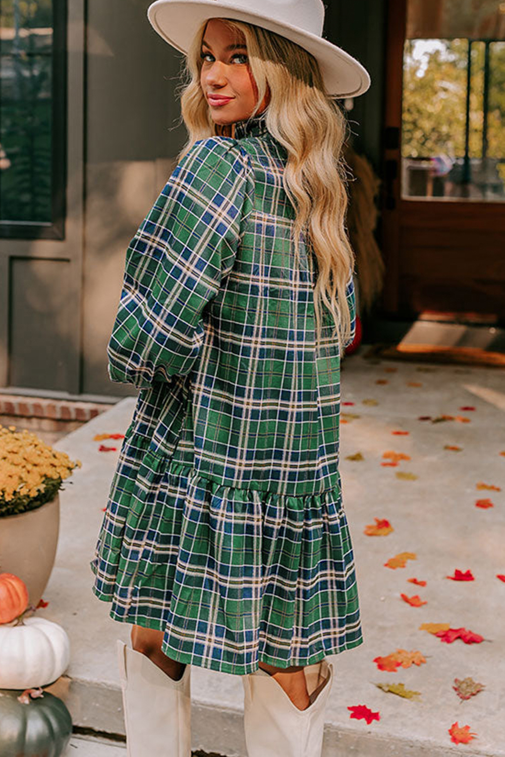 Green Plaid Print Frilly Collar Long Sleeve Shift Mini Dress view 10