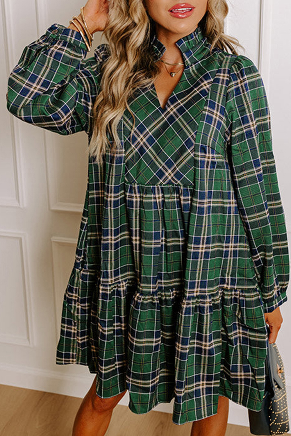 Green Plaid Print Frilly Collar Long Sleeve Shift Mini Dress view 8