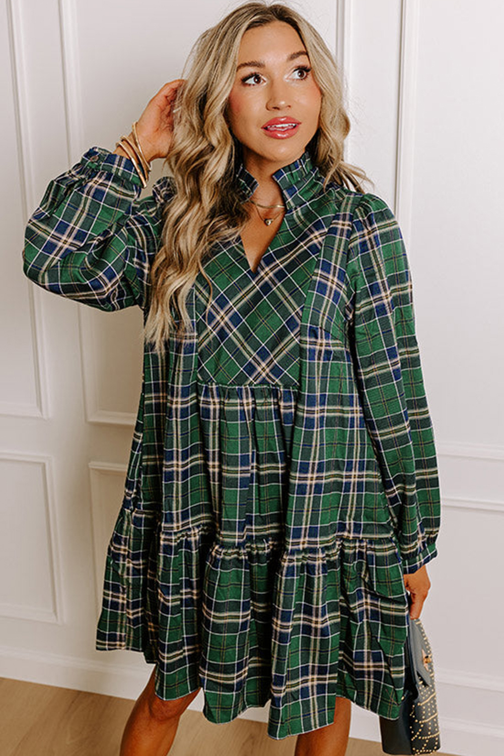 Green Plaid Print Frilly Collar Long Sleeve Shift Mini Dress view 12