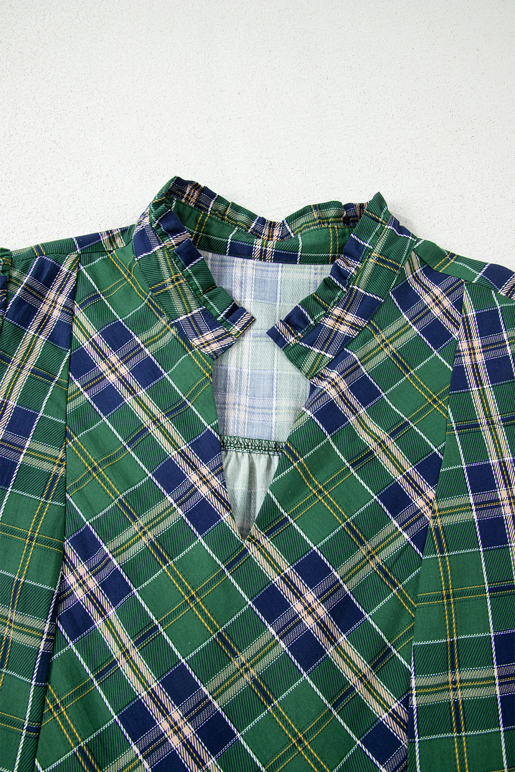 Green Plaid Print Frilly Collar Long Sleeve Shift Mini Dress view 15
