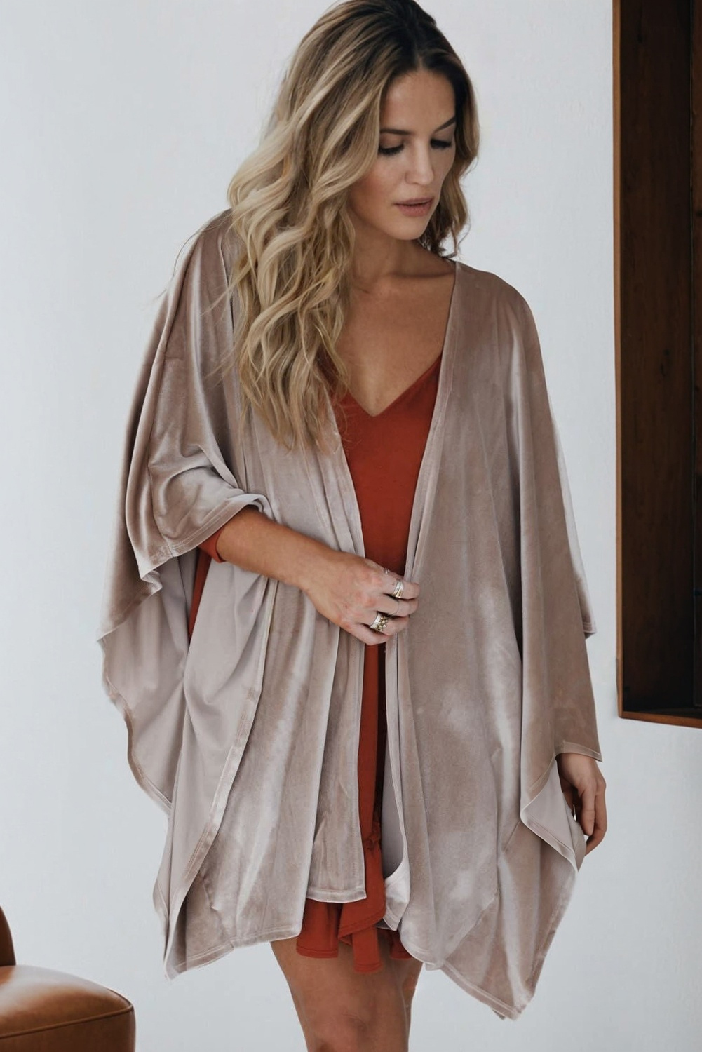 Smoke Gray 3/4 Sleeve Open Front Velvet Kimono view 4