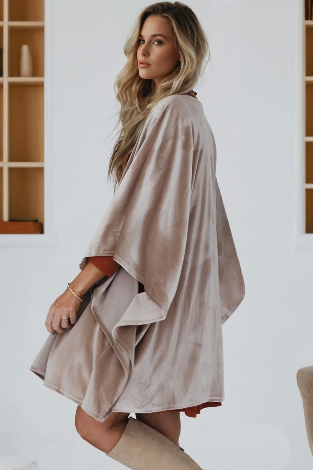 Smoke Gray 3/4 Sleeve Open Front Velvet Kimono view 2