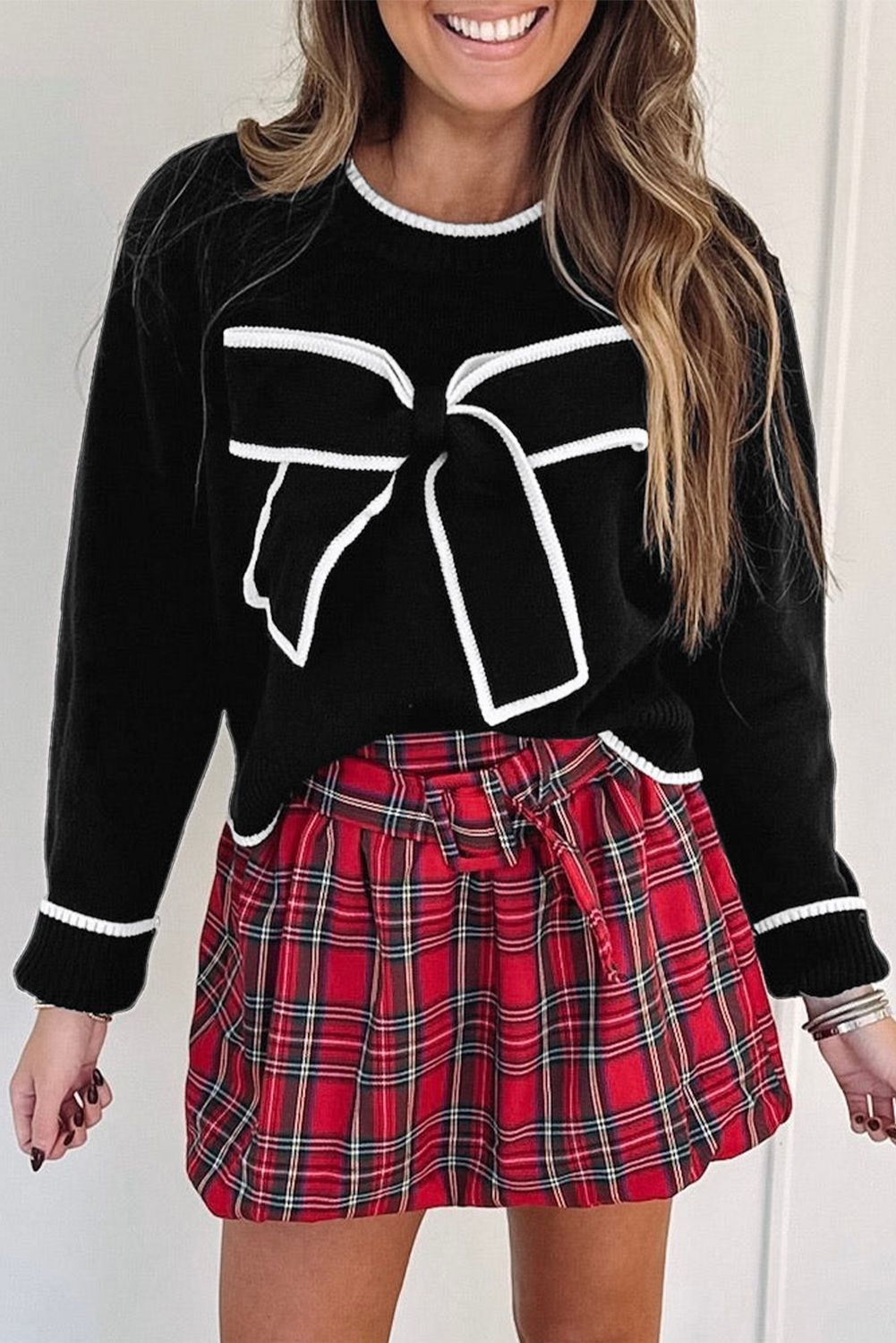 Black Contrast Trim Big Bow Accent Holiday Cropped Sweater view 8