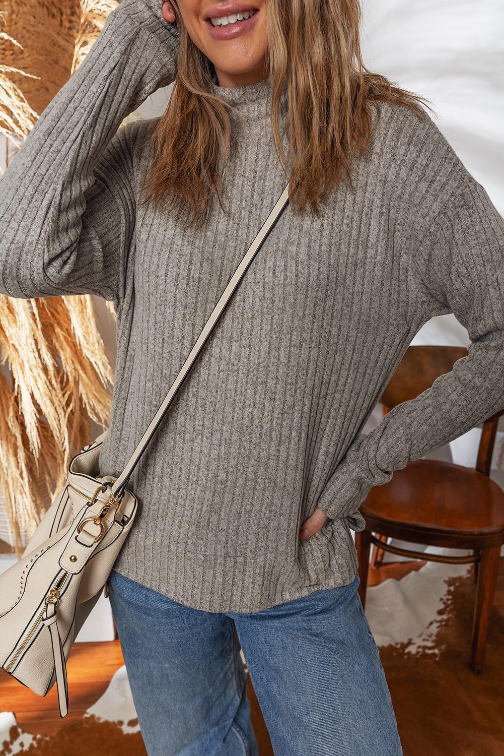 Gray Morn Ribbed High Neck Knitted Pullover Top view 3