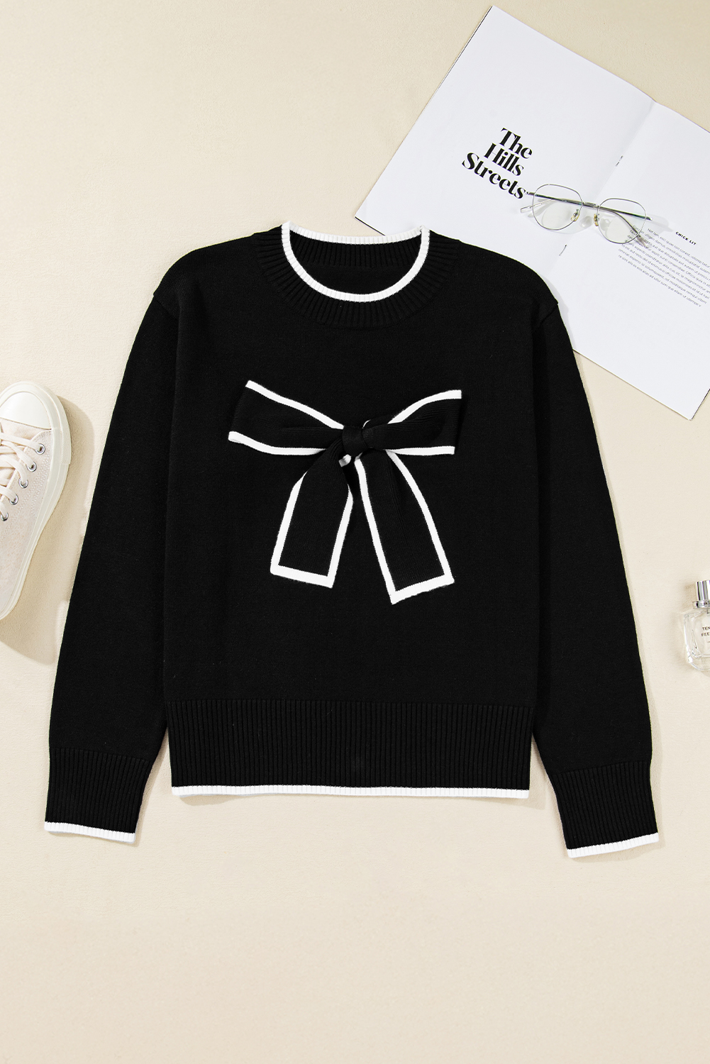 Black Contrast Trim Big Bow Accent Holiday Cropped Sweater view 11