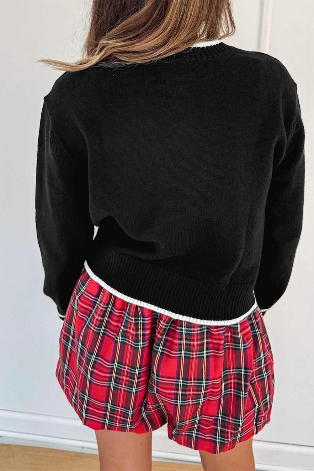 Black Contrast Trim Big Bow Accent Holiday Cropped Sweater view 9