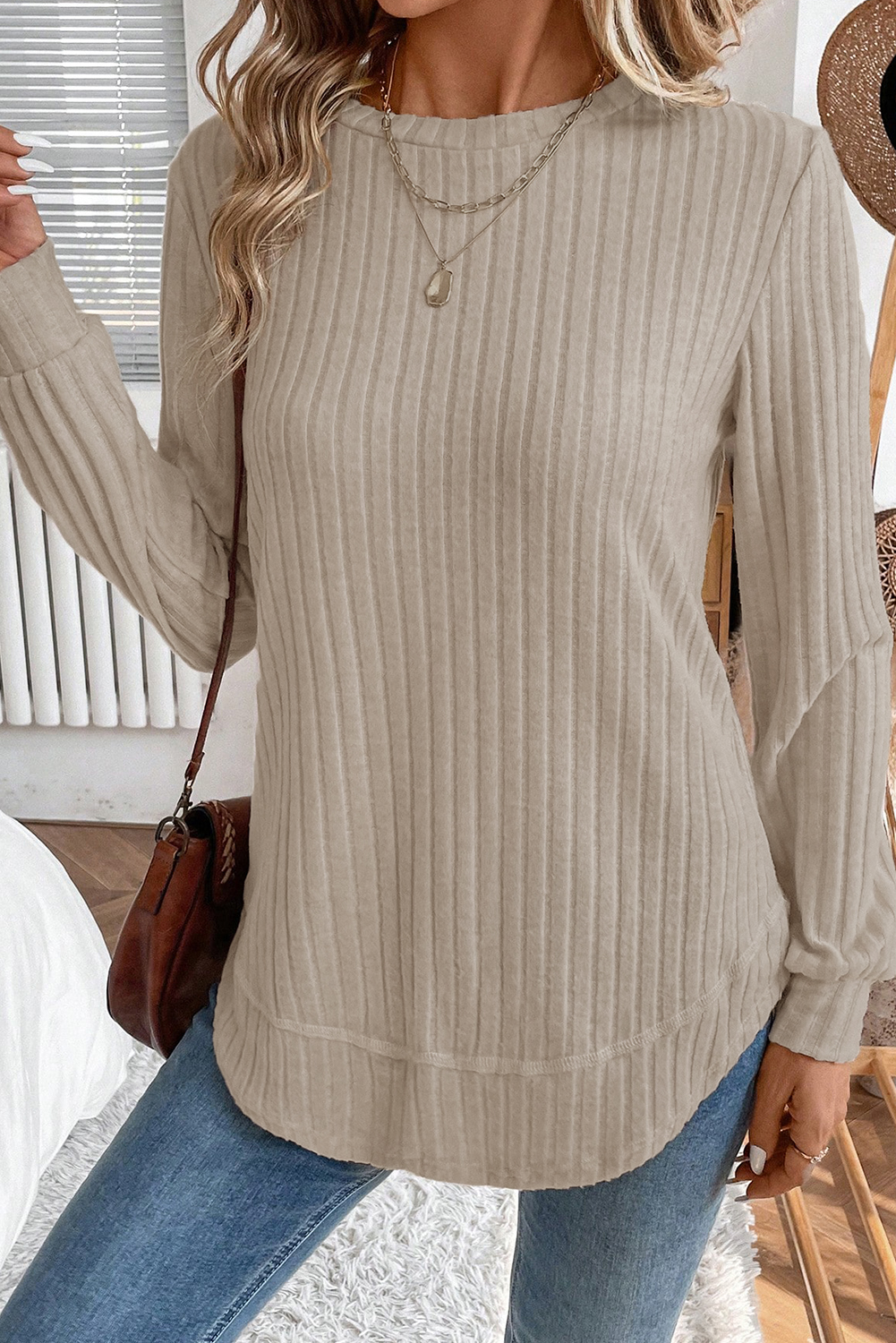 $ 10.5 - Jet Stream Ribbed Texture Round Neck Long Sleeve Rounded Hem ...