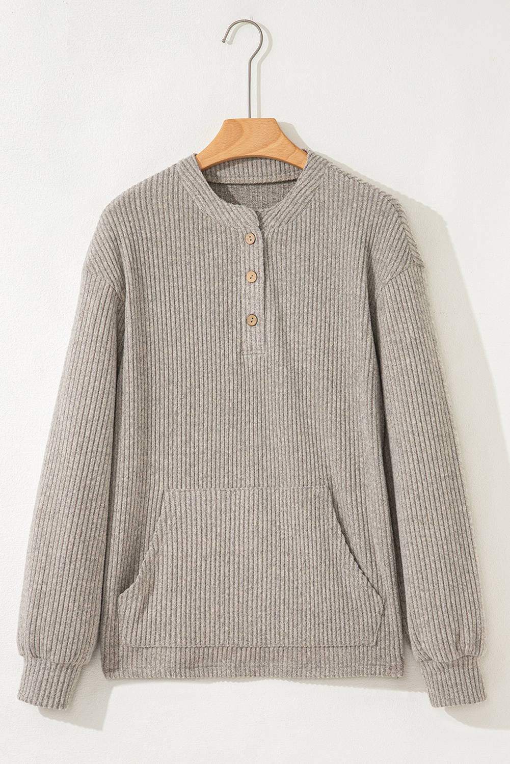 Simply Taupe Ribbed Texture Drop Shoulder Henley Knit Top view 4