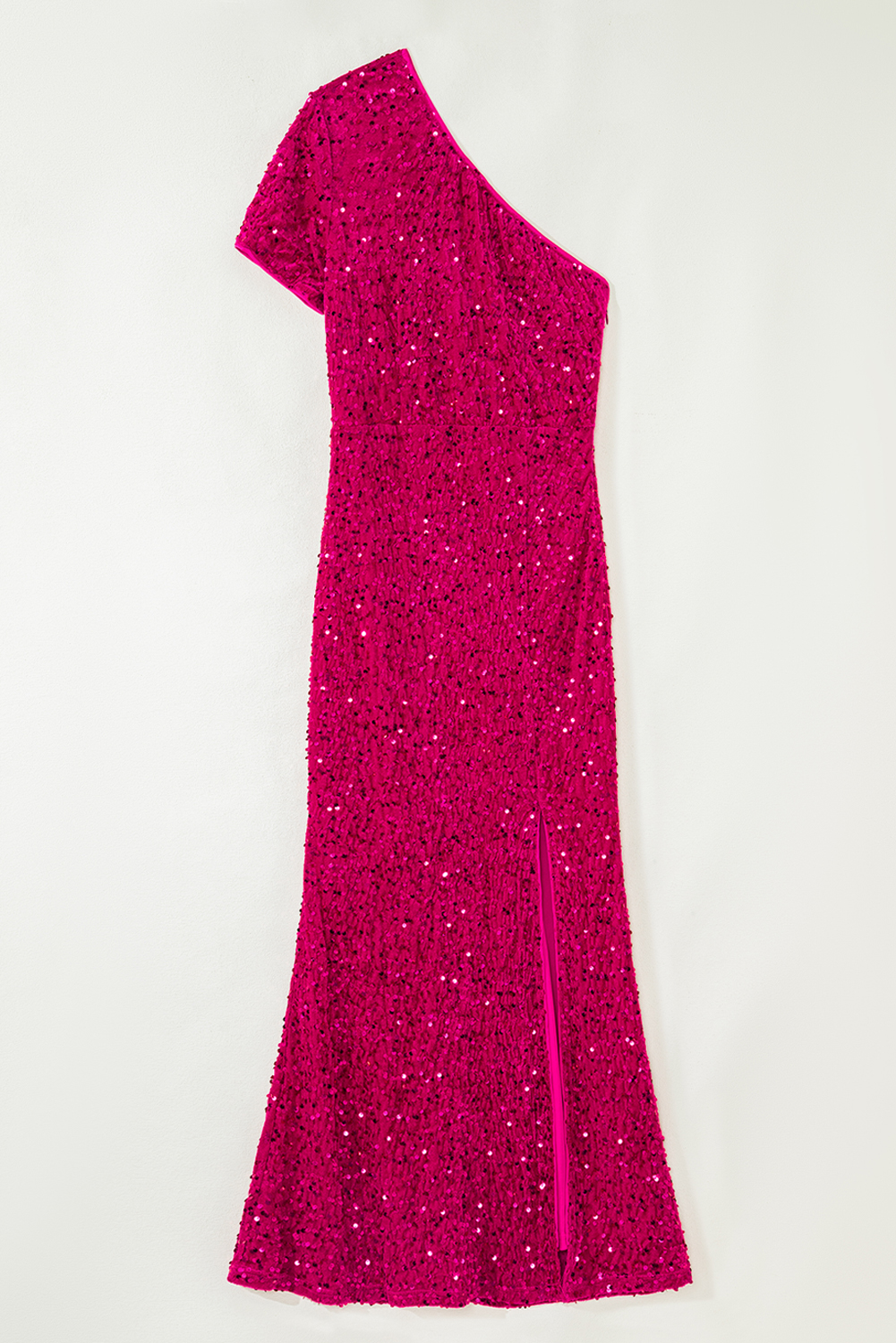 Pitaya Pink One Shoulder Thigh High Split Bodycon Sequin Gown view 15