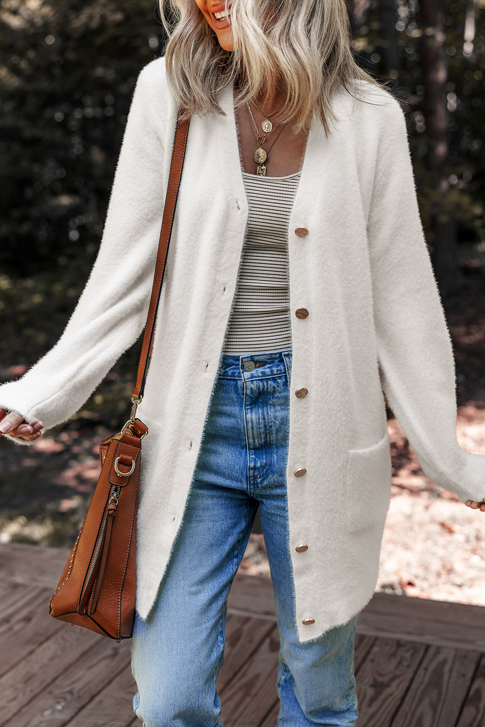 White Fuzzy Buttoned Front Midi Solid Cardigan view 4