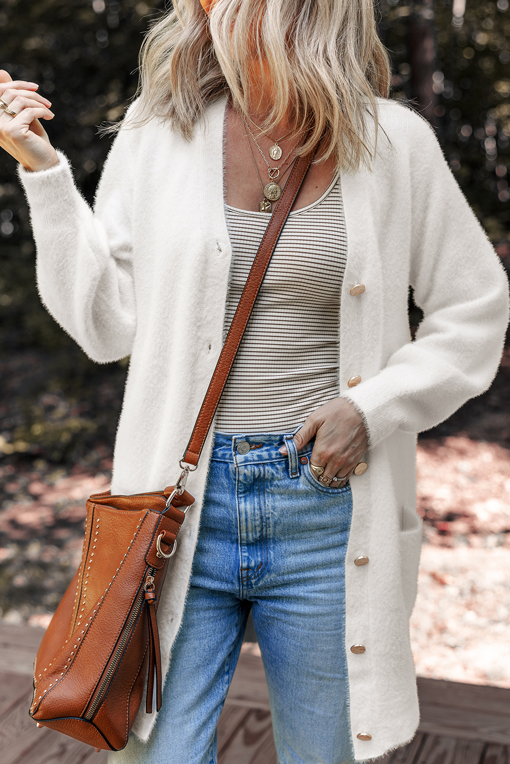 White Fuzzy Buttoned Front Midi Solid Cardigan view 3