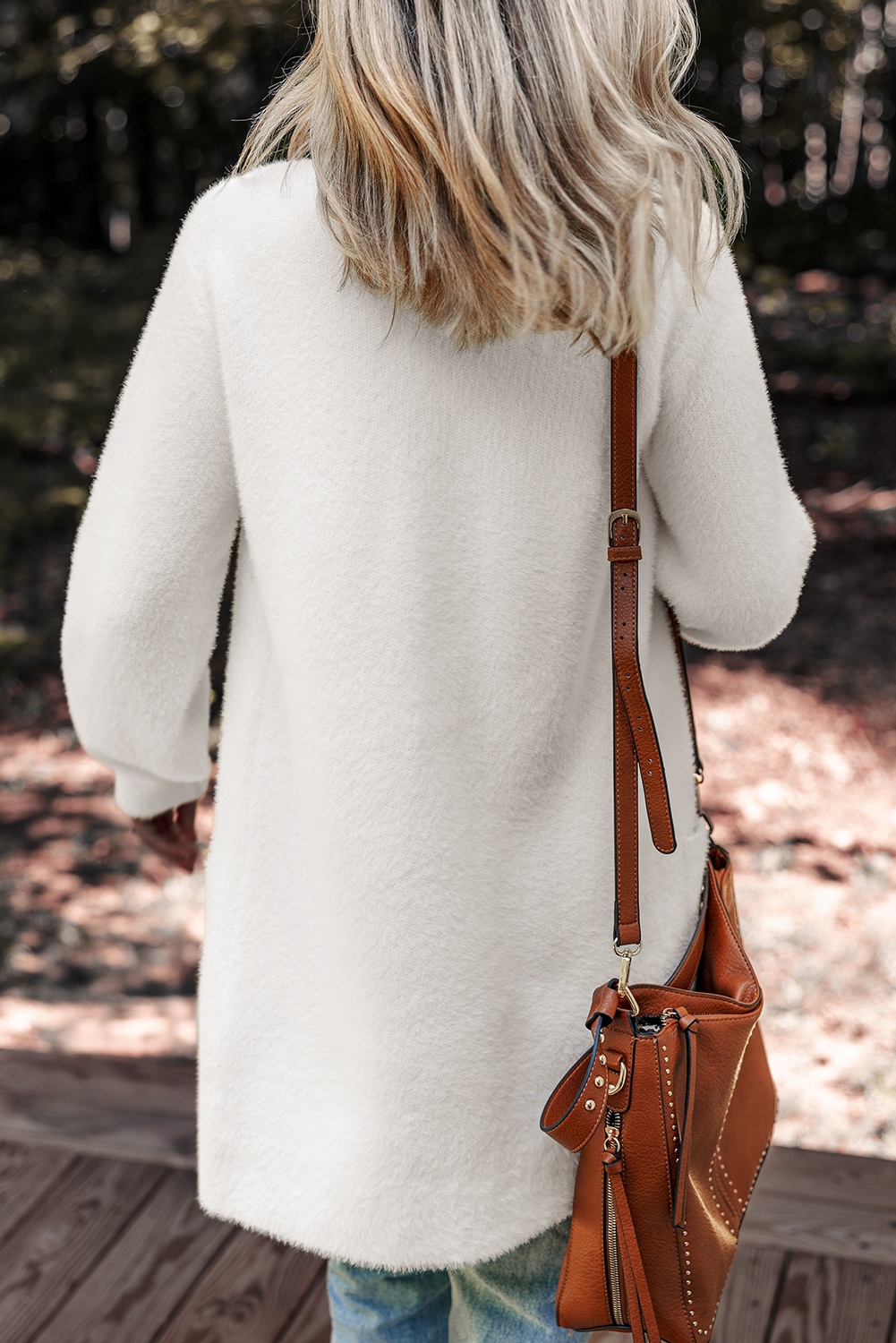 White Fuzzy Buttoned Front Midi Solid Cardigan view 2