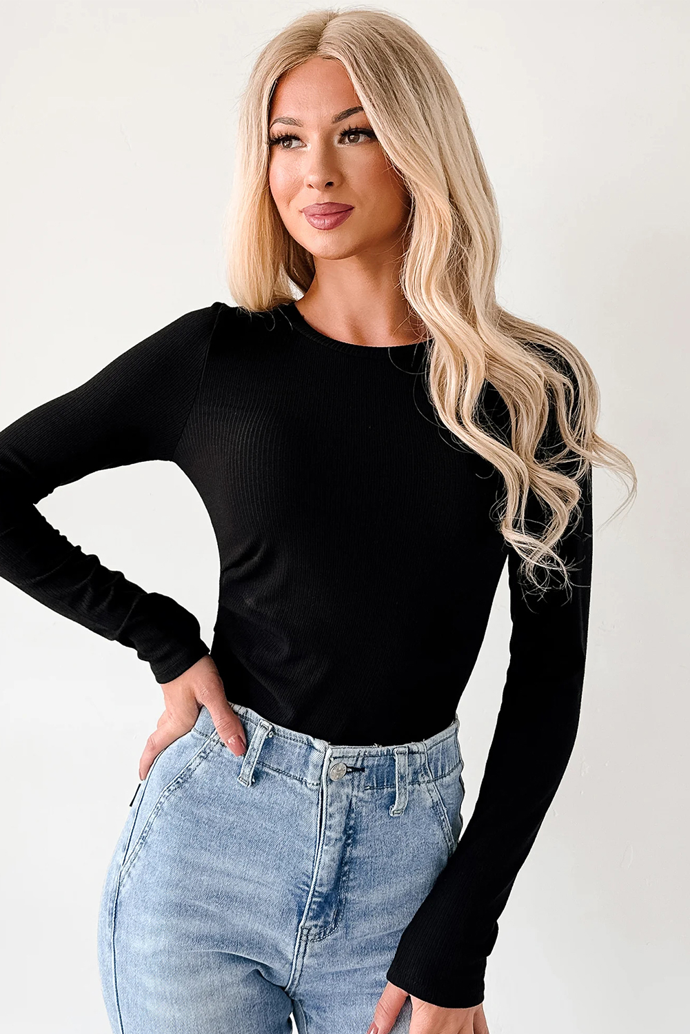Dearlovers Black Ribbed Long Sleeve Crew Neck Solid Color Bodysuit view 3