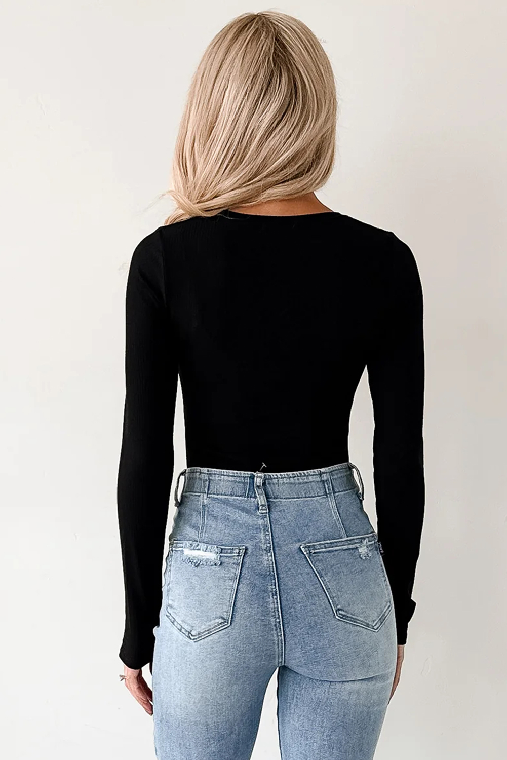 Dearlovers Black Ribbed Long Sleeve Crew Neck Solid Color Bodysuit view 2
