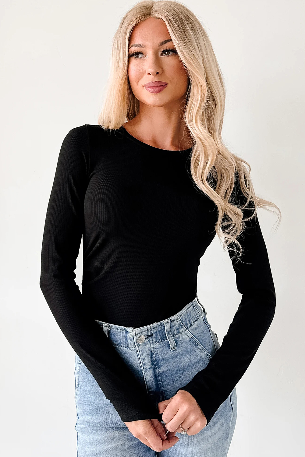 Dearlovers Black Ribbed Long Sleeve Crew Neck Solid Color Bodysuit view 5