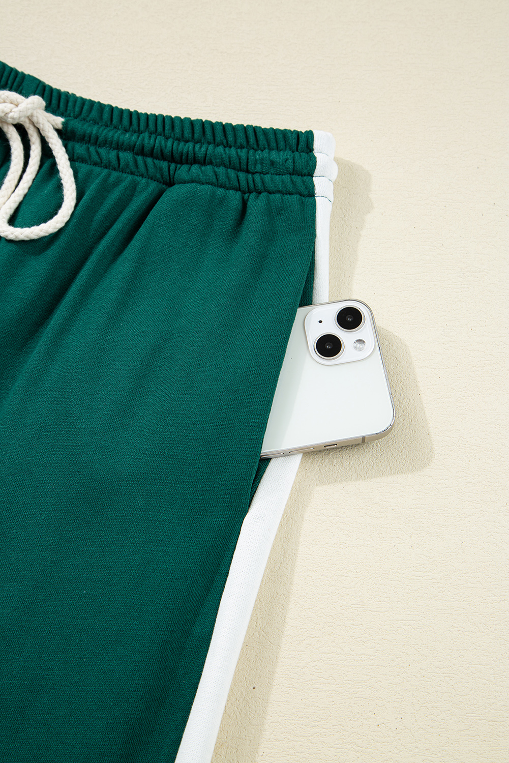 Sea Green Solid Color Pullover Top Varsity Stripe Detail Loose Drawstring Pants Set view 14