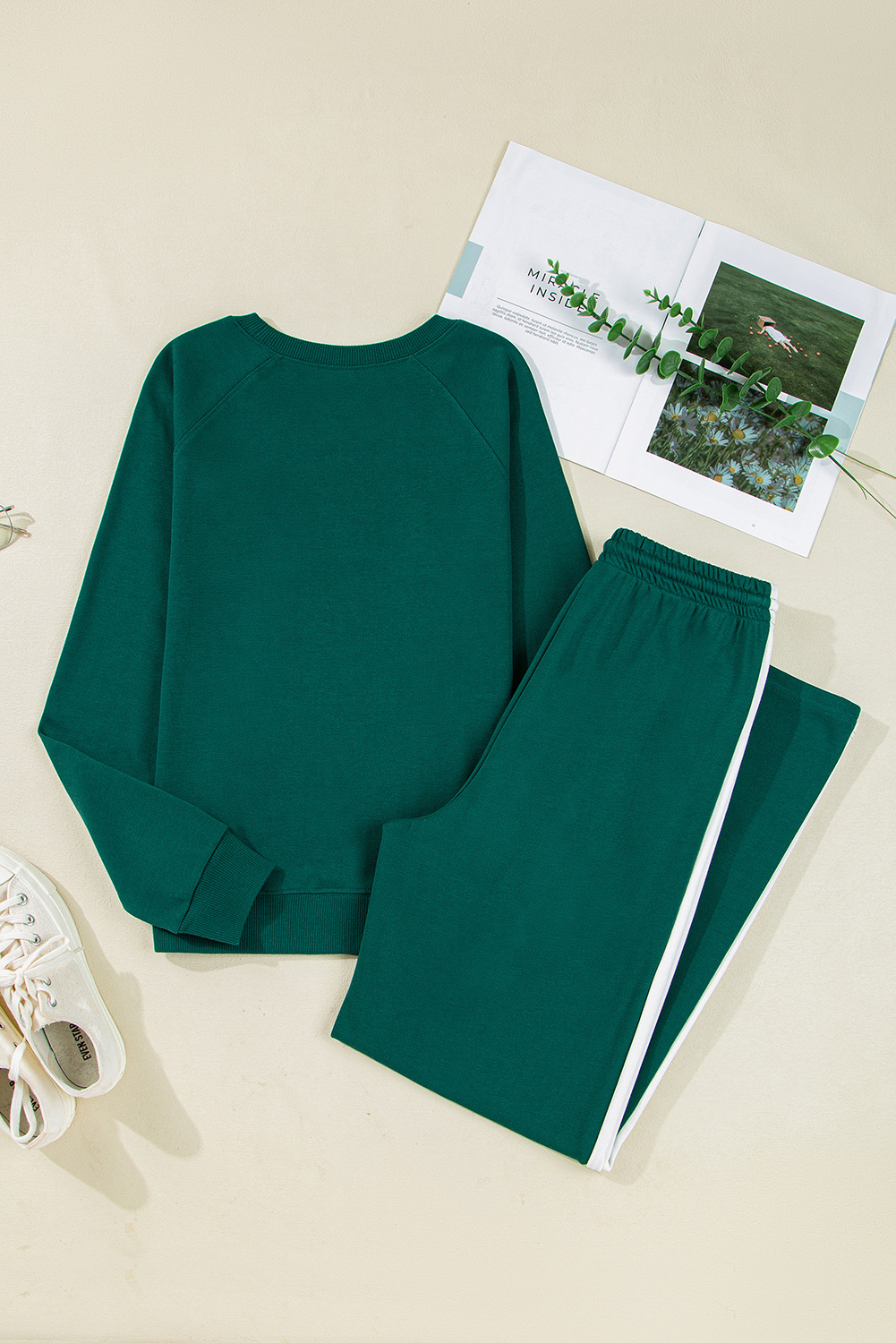 Sea Green Solid Color Pullover Top Varsity Stripe Detail Loose Drawstring Pants Set view 10