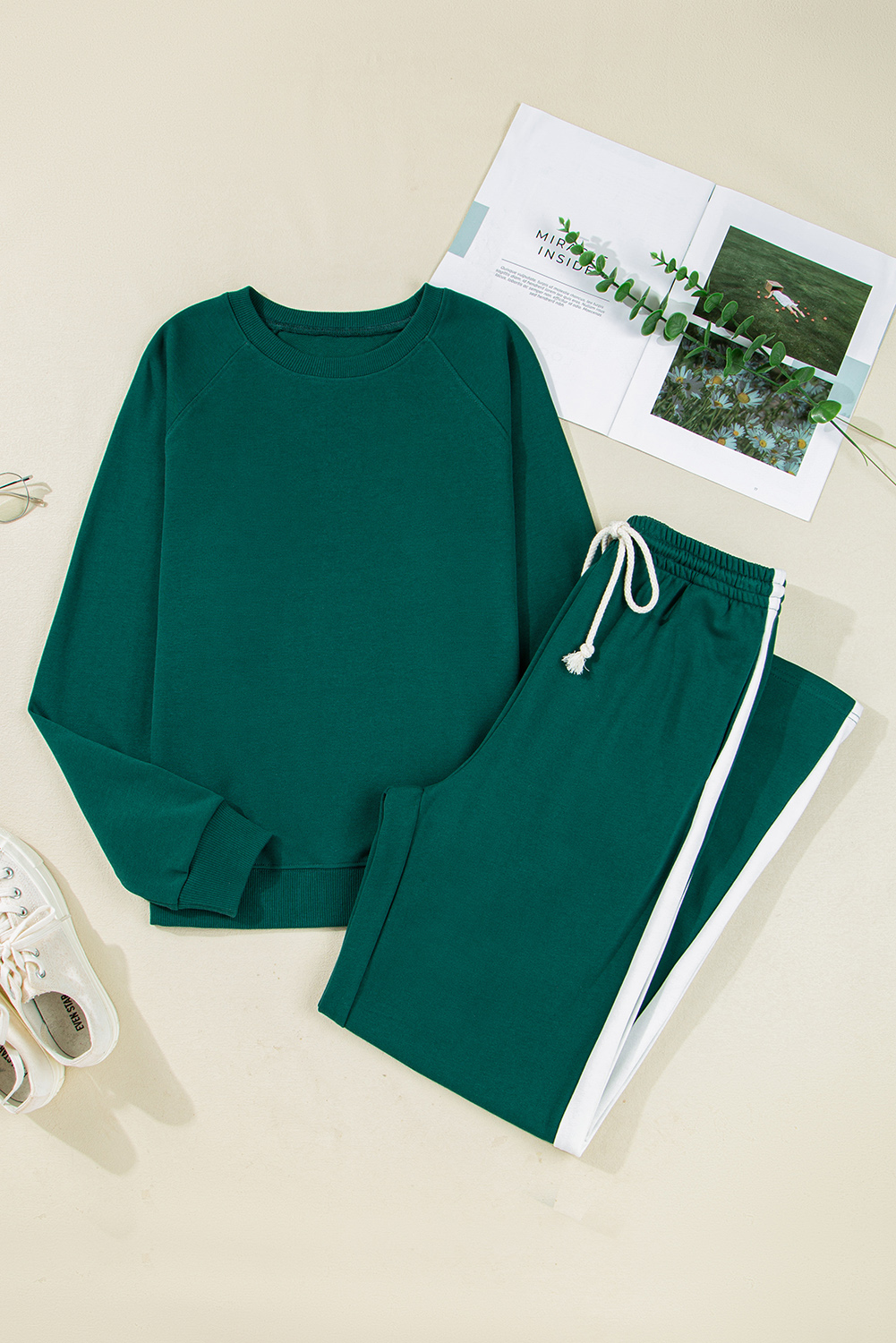 Sea Green Solid Color Pullover Top Varsity Stripe Detail Loose Drawstring Pants Set view 9