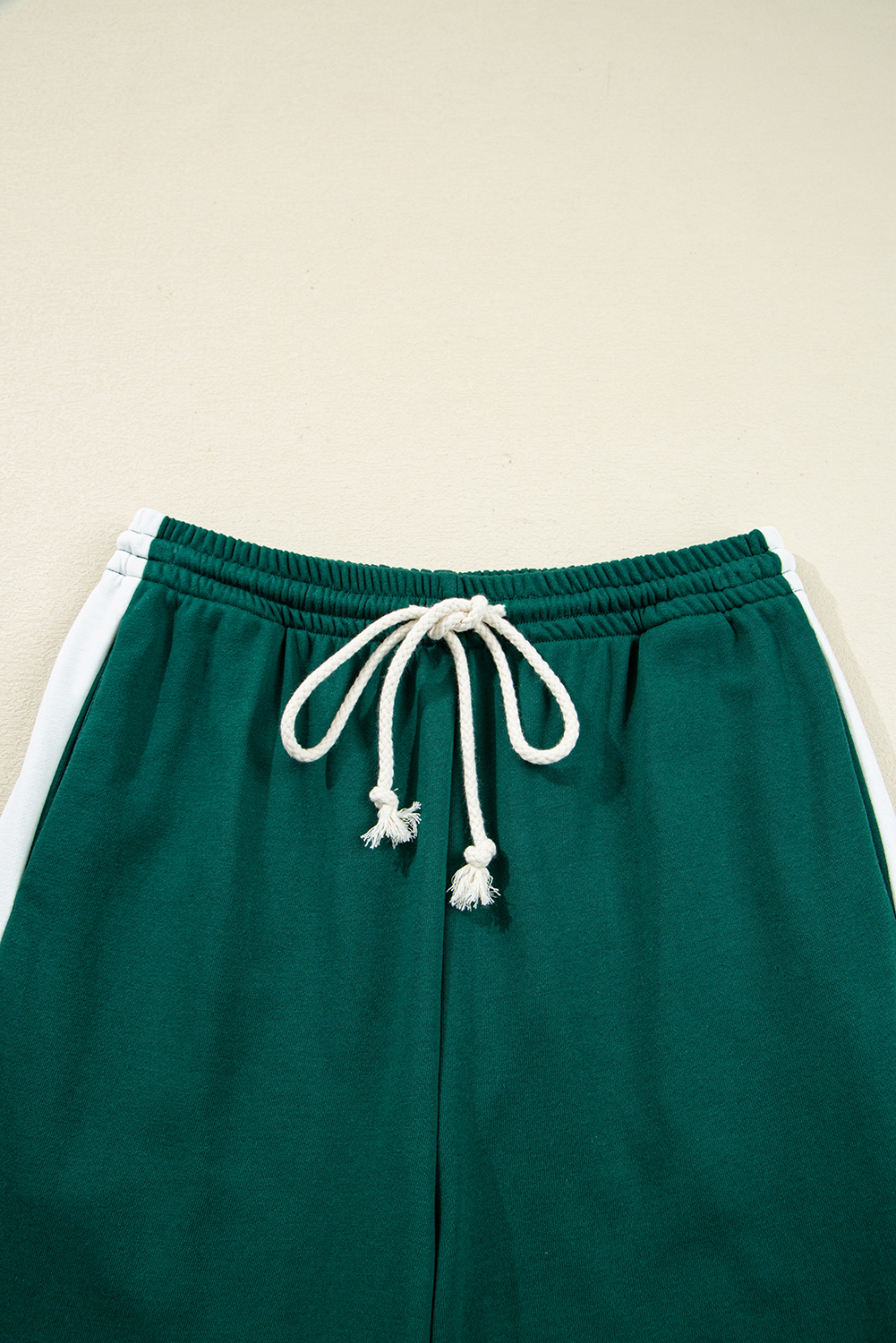 Sea Green Solid Color Pullover Top Varsity Stripe Detail Loose Drawstring Pants Set view 13