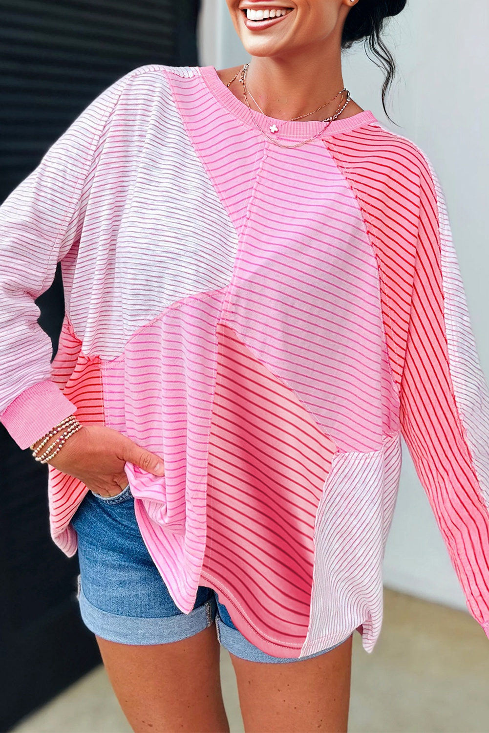 $ 10.48 - Sachet Pink Striped Colorblock Exposed Seam Casual Long ...