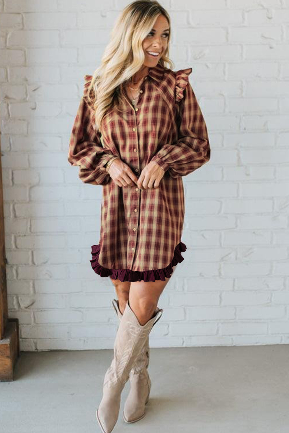 Red Plaid Print Ruffled Long Sleeve Patchwork Hem Mini Shirt Dress view 13