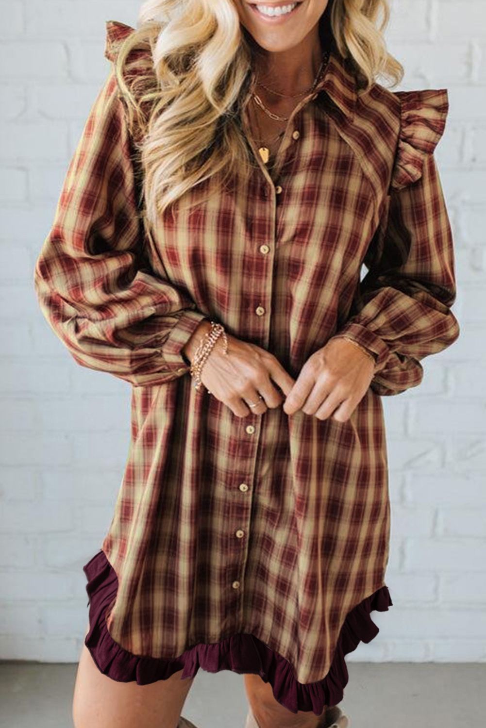 Red Plaid Print Ruffled Long Sleeve Patchwork Hem Mini Shirt Dress view 9